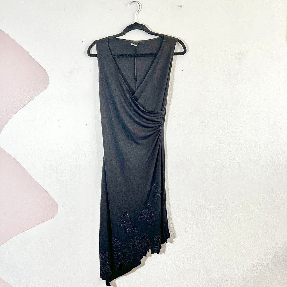 VTG Y2K Black Asymmetrical Fairy Midi Dress Medium Beaded Floral Gothic